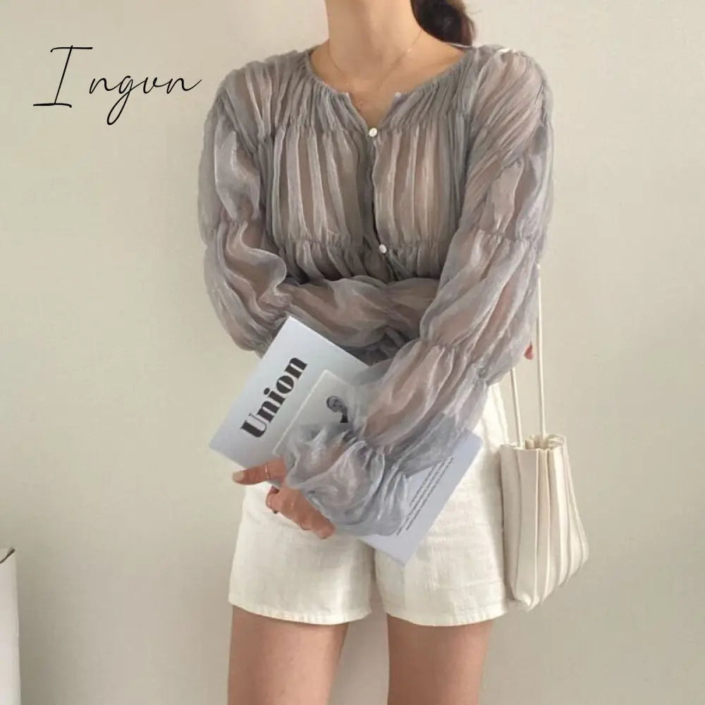 Ingvn - Korean Fashion Pleated Casual Blouse Women Summer New Loose Folds Perspective Chiffon Shirt Long Sleeve Tops Blusas Mujer 15624