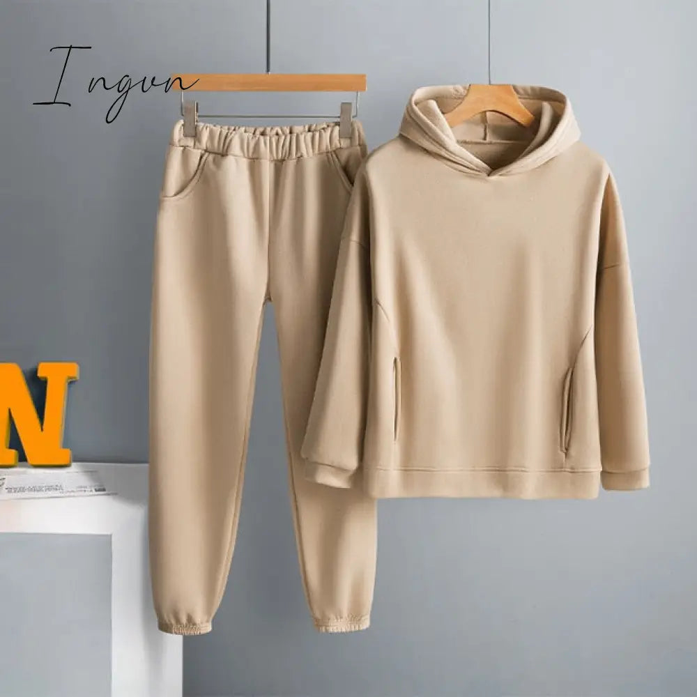 Ingvn - Two Piece Set Casual Fleece Tracksuit Women Winter Women's Sets Oversized Hooded Long Sleeve Hoodie Sport Pants Lady Suit