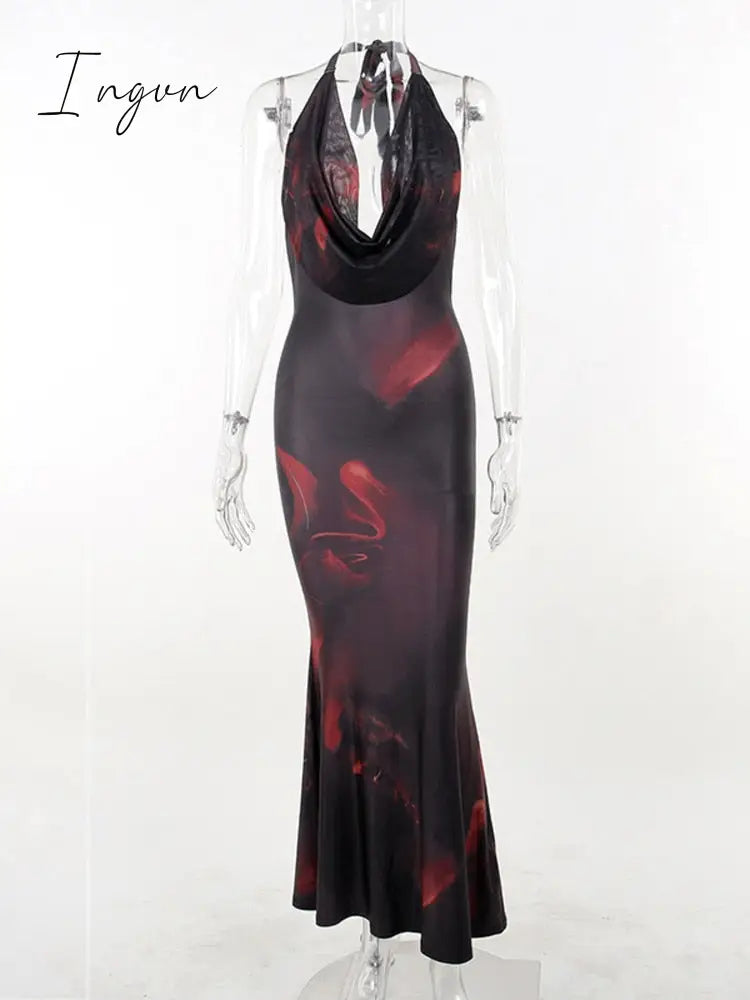 Ingvn - Halter Deep V Neck Backless Maxi Dress For Women Robe New Sleeveless Bodycon Club Party Sexy Print Long Dress Vestidos