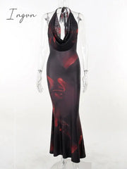 Ingvn - Halter Deep V Neck Backless Maxi Dress For Women Robe New Sleeveless Bodycon Club Party Sexy Print Long Dress Vestidos