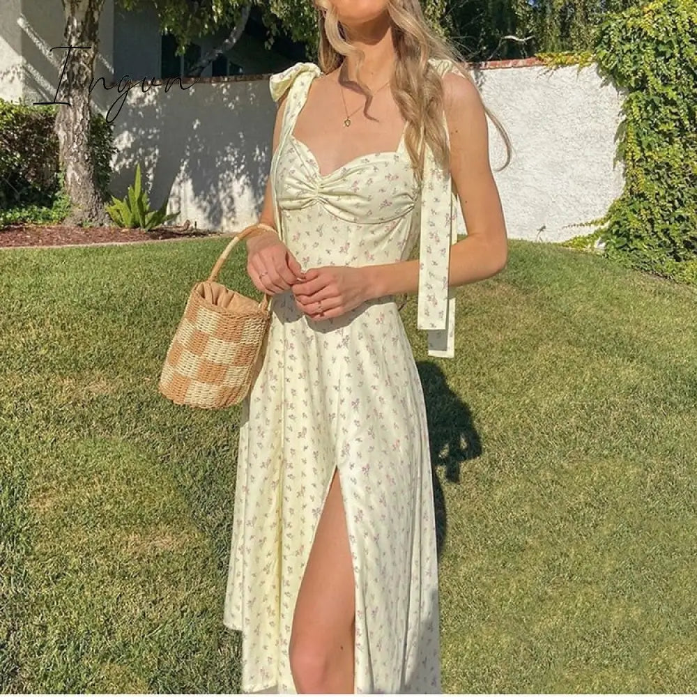 Ingvn - Vintage Solid Button Midi Dress Sexy Party Club Bodycon Strapless High Split Dresses Women Spring Autumn Casual Vestidos