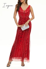 Ingvn - Elegant College Patchwork Sequins V Neck Evening Dress Dresses