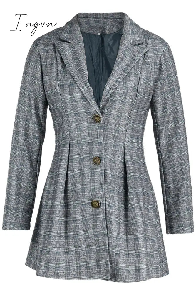 Ingvn - Fashion Street Plaid Patchwork Buckle Turn-back Collar Outerwear(3 Colors)
