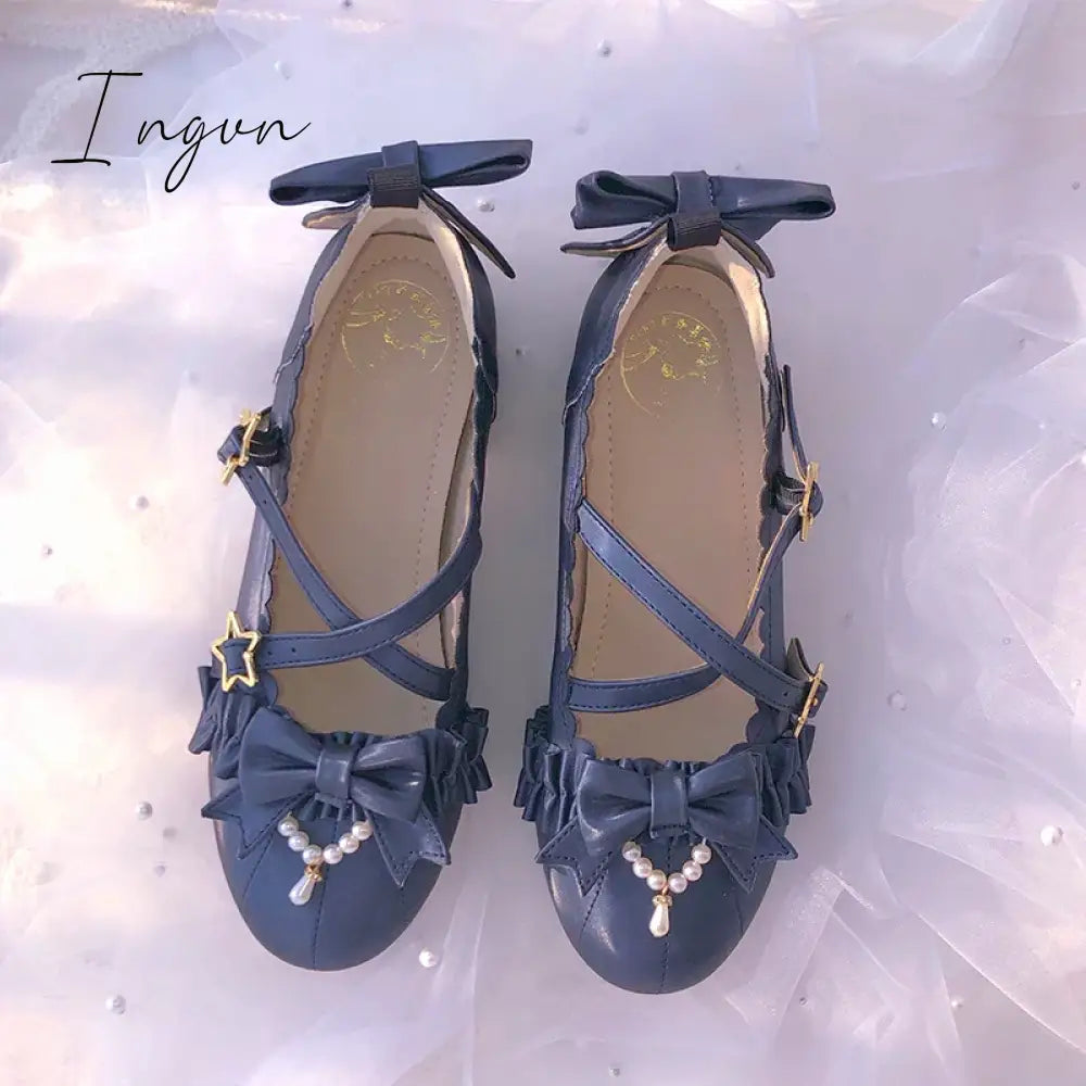 Ingvn - Sweet Lolita Shoes Vintage Round Head Middle Heel 3-5cm Women Shoes Cute Bowknot Cross Bandage Kawaii Shoes Loli  Kawaii Girl
