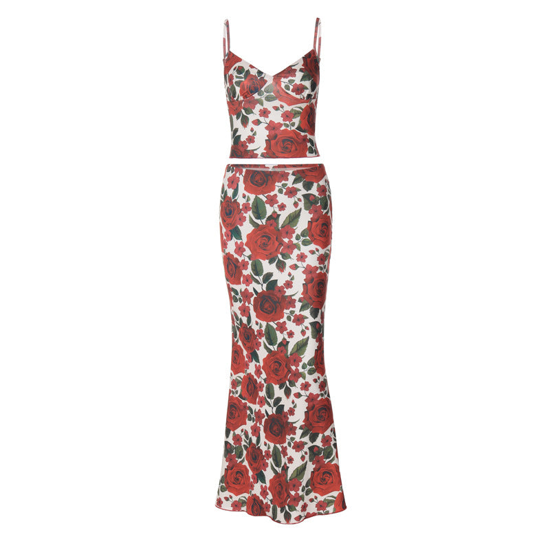 Pphmm outfit inspo Autumn New Fashion Style Floral Print V-neck Small Strap Sheath Close-Fitting Dress for Women Suit