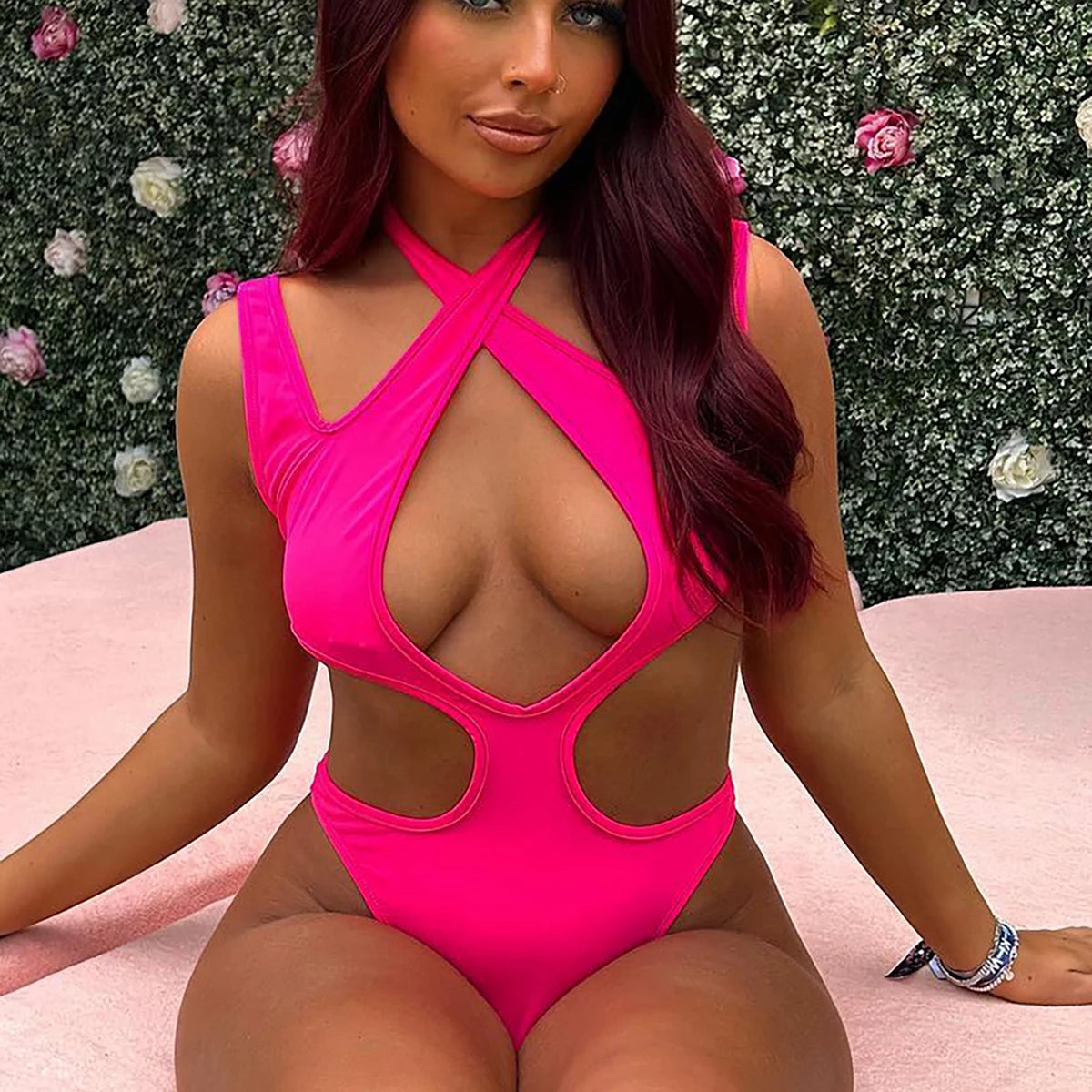 New Hollow One Piece Swimsuit  Sexy Swimwear Women Off The Shoulder Swimsuit Halter Swim Suit Solid Print Beach Wear Female