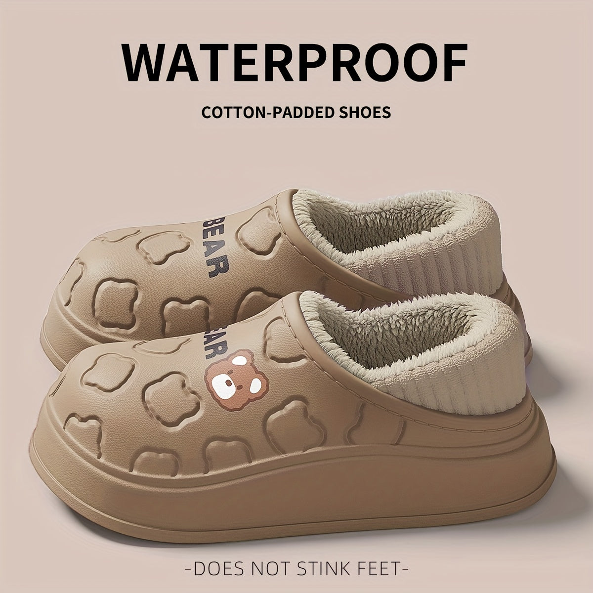 Cozy Winter Bear Slippers - Cute Cartoon Waterproof, Plush Lined EVA, Indoor/Outdoor Comfort