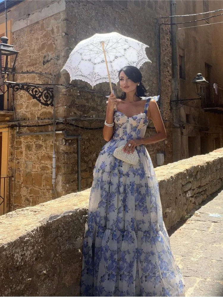 Elegant Blue Print Lace-up Maxi Dress Women Fashion Square Collar Sleeveless High Waist Dresses Ladies Evening Party Robes