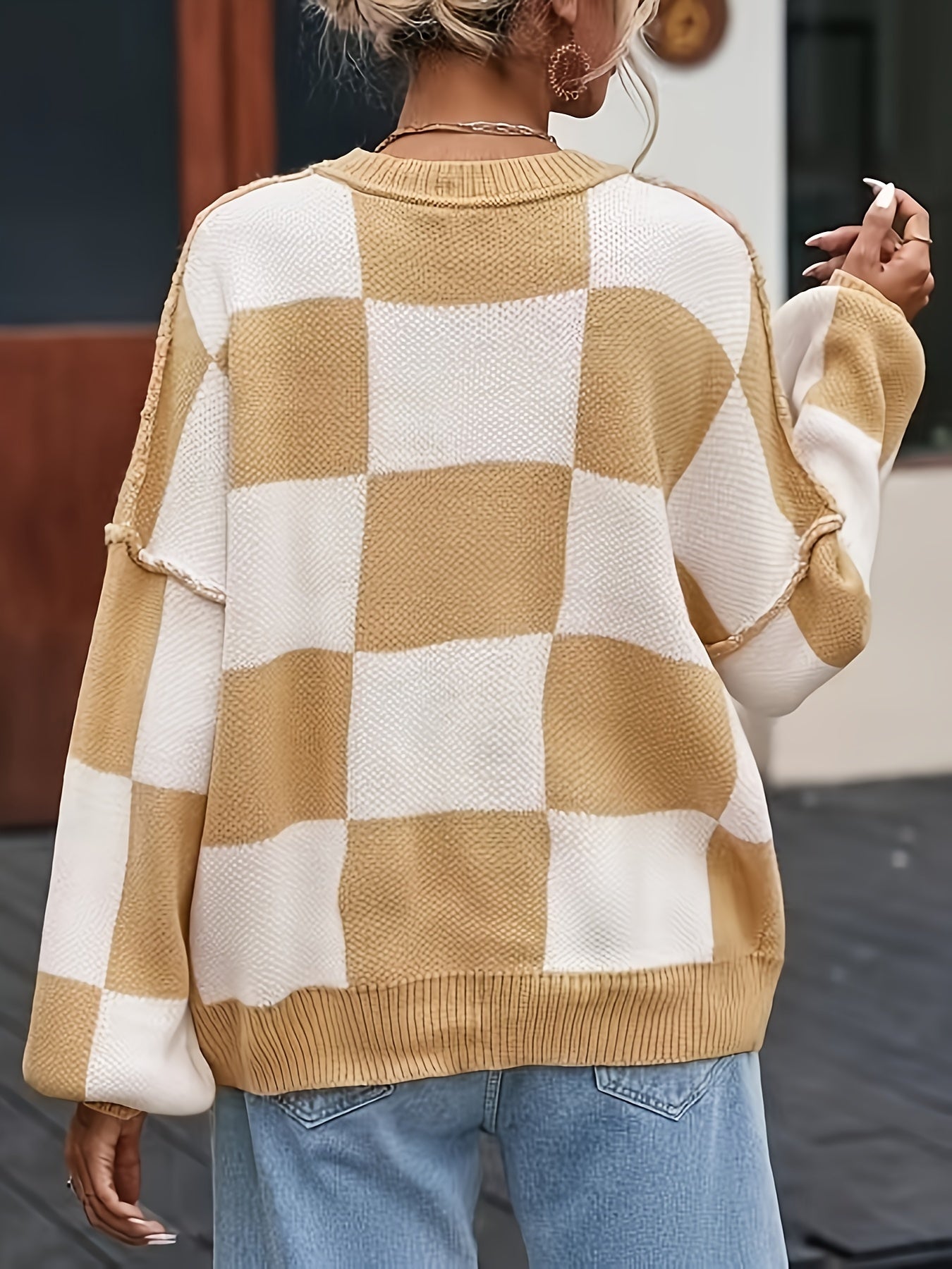Cozy Plaid Crew Neck Sweater - Soft Micro Elasticity, Color Block Long Sleeve, Machine Washable - Casual Fall & Winter Fashion for Women