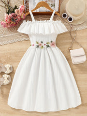 Charming Floral Ruffle Off-Shoulder Suspender Dress - Casual, Elegant, Spring and Summer Essential for Girls - Embroidered Flower Design, Comfortable and Versatile