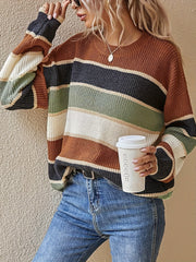 1pc Acrylic Elegant Women's Color Block Striped Pullover Sweater - Crew Neck, Long Sleeve, Regular Fit, Non-Stretch, Fall/Winter Fashion Top