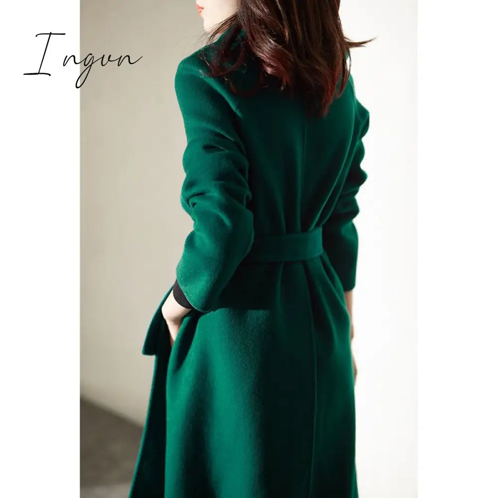 Ingvn - Women Elegant Retro Wool Coat with Belt Winter Warm Overcoat Outwear Plus Size Female Korean High Quality Green Blends Coat