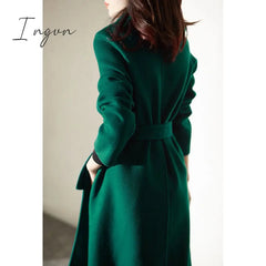 Ingvn - Women Elegant Retro Wool Coat with Belt Winter Warm Overcoat Outwear Plus Size Female Korean High Quality Green Blends Coat