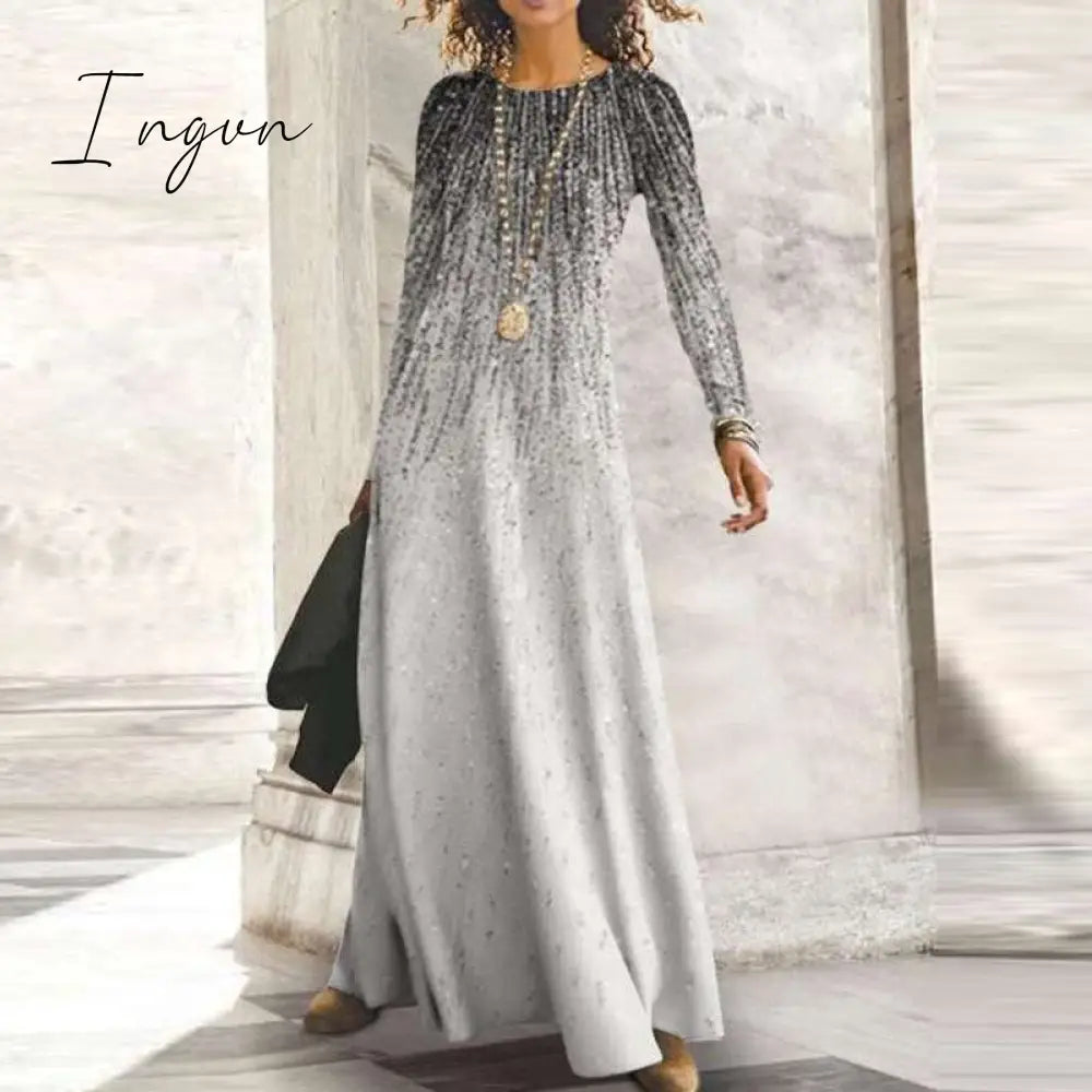 Ingvn - Fashion Shiny Long Office Lady Party Dress Women Vintage Round Neck Long Sleeve Maxi Dress Autumn Slim Boho Spring Dresses