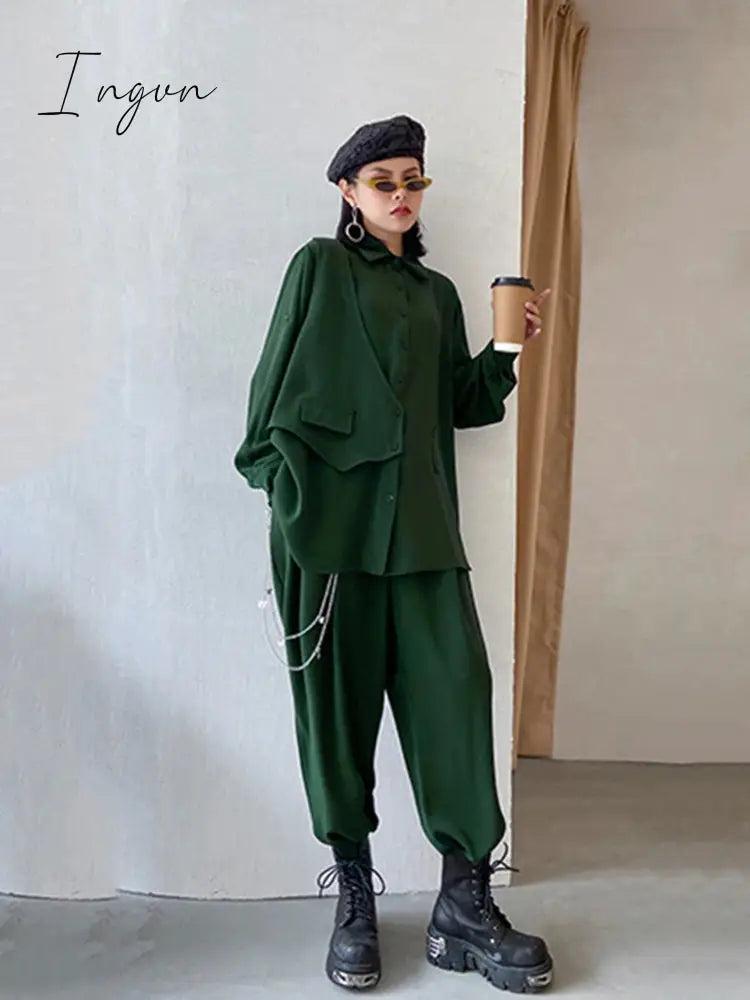 Ingvn - Wide Leg Pants Irregular Big Size Two Piece Suit New Lapel Long Sleeve Loose Fit Women Fashion Spring Autumn