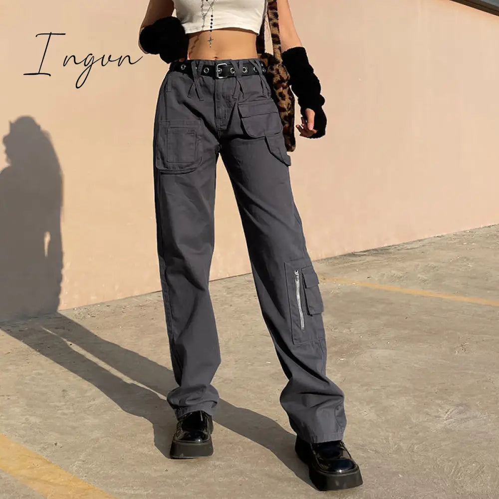 Ingvn - Vintage Streetwear Cargo Pants Women Harajuku Street Loose Straight Women Jeans Casual Slim Versatile High Waisted Jeans Pants