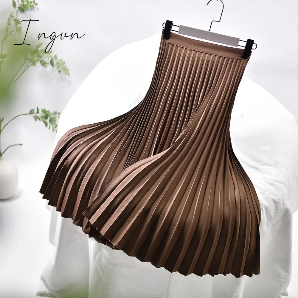 Ingvn - Brand Designer Women Spring Autumn Elegant Chic Solid Pleated Skirt High Waist Luxury Fashion With Elastic Female C-035