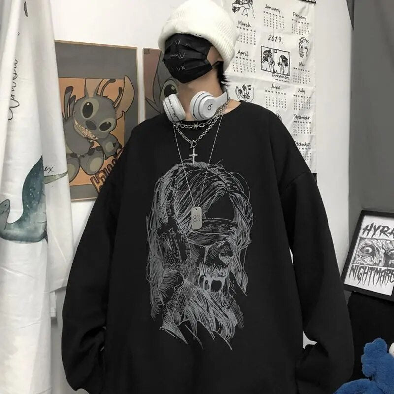 Retro dark printed sweatshirt for couples to wear loose black long sleeve top fashionable wide Songyuan night style album top