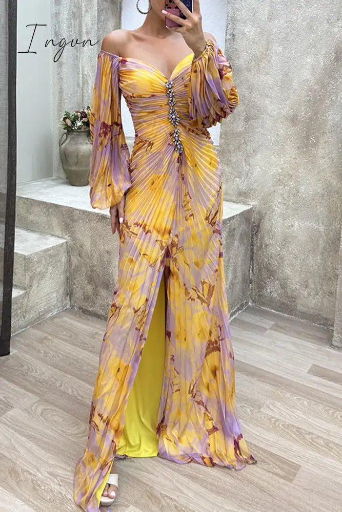 Ingvn - Elegant Formal Gradual Change Fold V Neck Evening Dress Dresses