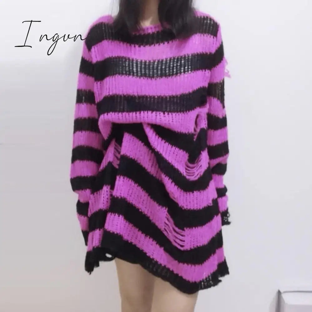 Ingvn - Halloween 200 Gothic Knitted Sweater Women Long Pullovers Striped Loose Winter Ripped Plus Size Sweaters Jumpers Mujer Jersey