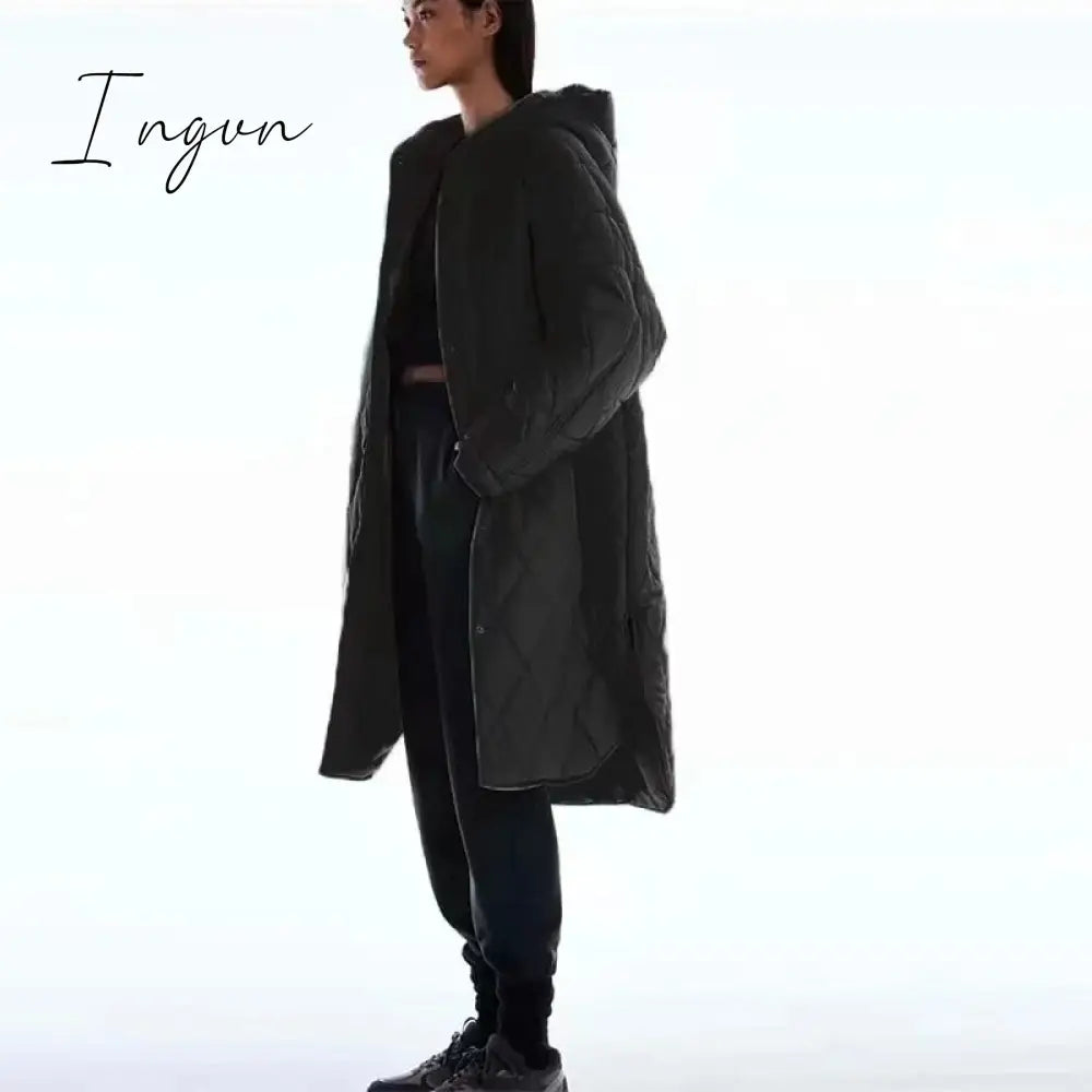 Ingvn - New Winter Oversize Fashion Vintage Plaid Hooded Parka Women Casual Pockets Cotton Jackets Coat Loose Long Outwear Female