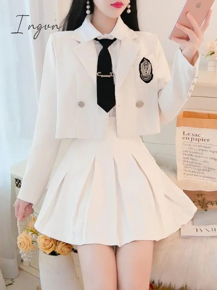 Ingvn - JK Blazer Skirt Set Female Short Suit Jacket + Pleated Skirt Spring Autumn Professional Wear Elegant Goddess Two-piece Set