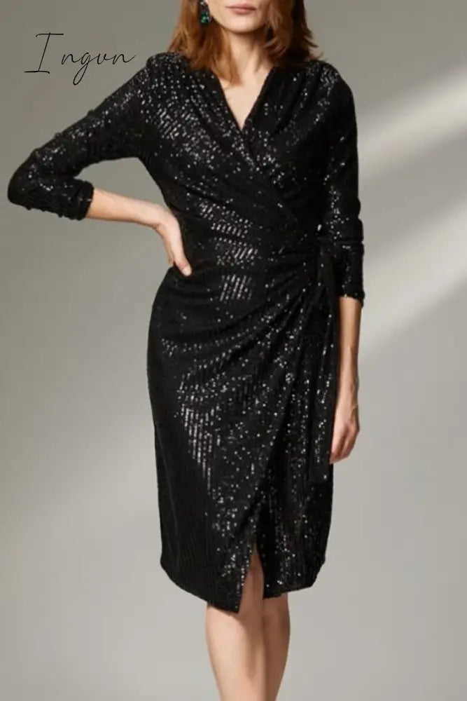 Ingvn - Sexy Solid Bandage Sequins V Neck Wrapped Skirt Dresses