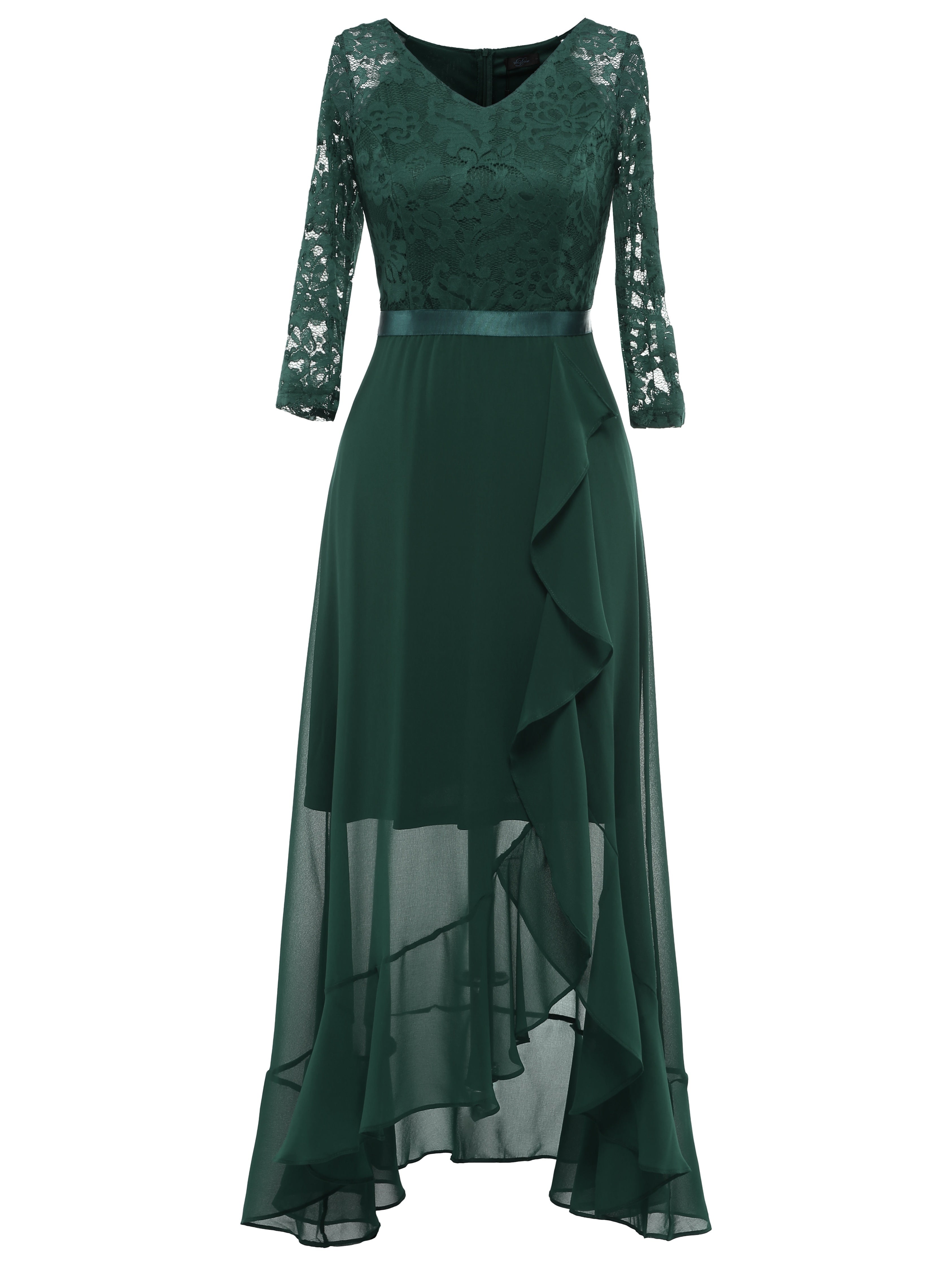 Solid Lace Splicing Aline Dress, Elegant V-neck Ruffle Hem Asymmetrical Dress For Wedding Party, Women's Clothing Wedding graduation engagement occasion ceremony party holiday vacation birthday