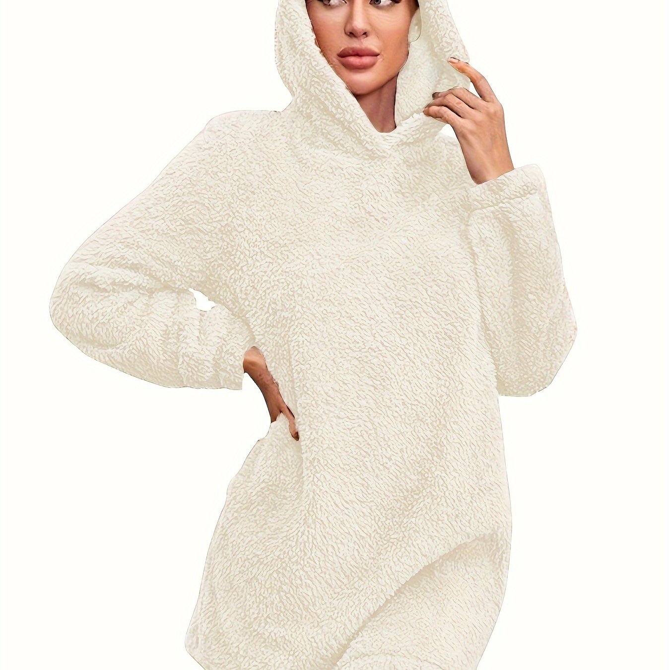 Cozy Fuzzy Solid Color Loose Fit Hooded Dress - Women's Casual Long Sleeve Dresses for Fall & Winter - Soft, Warm, and Comfortable Clothing for Everyday Wear