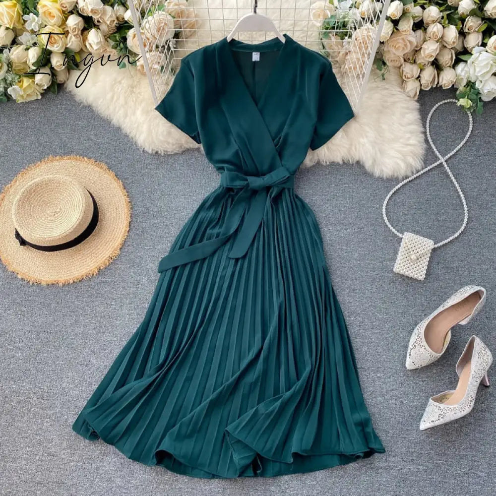 Ingvn - High Quality Solid Pleated Dress Women V neck Short Sleeves Sashes Long Dresses Summer Streetwear Vintage Vestidos