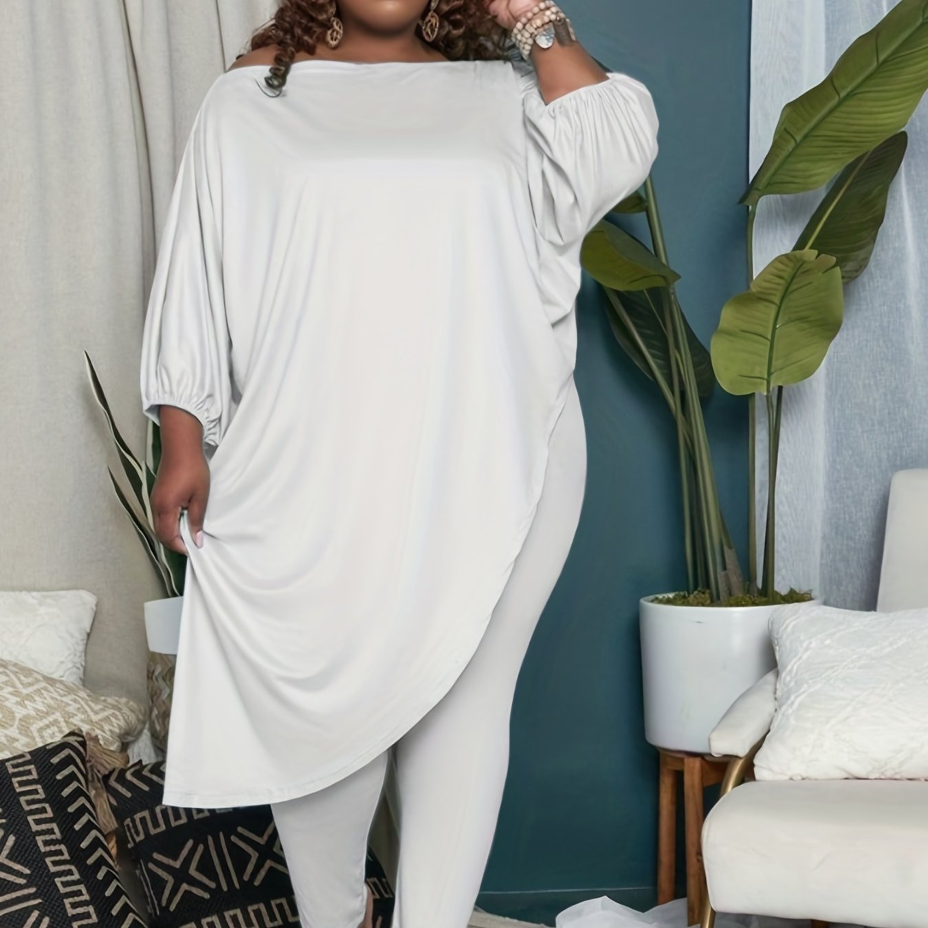 Plus Size Casual Outfits Set, Women's Plus Plain Lantern Sleeve Round Neck Asymmetrical Hem Top & Pants Outfits Two Piece Set