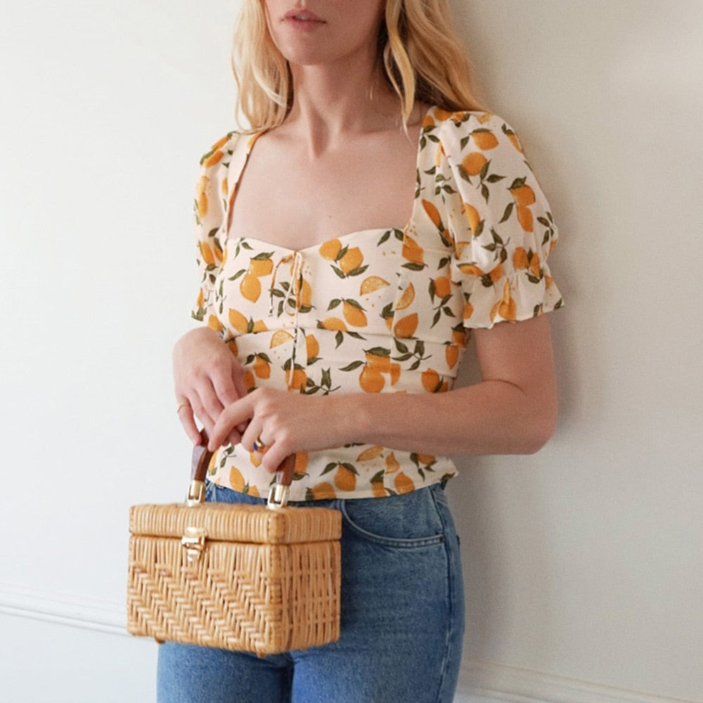 Summer Tops For Women Sweetheart Neck Tie Bow Fruit Print Blouses Back Smocked Short Puff Sleeve Elegant Chiffon Blouse