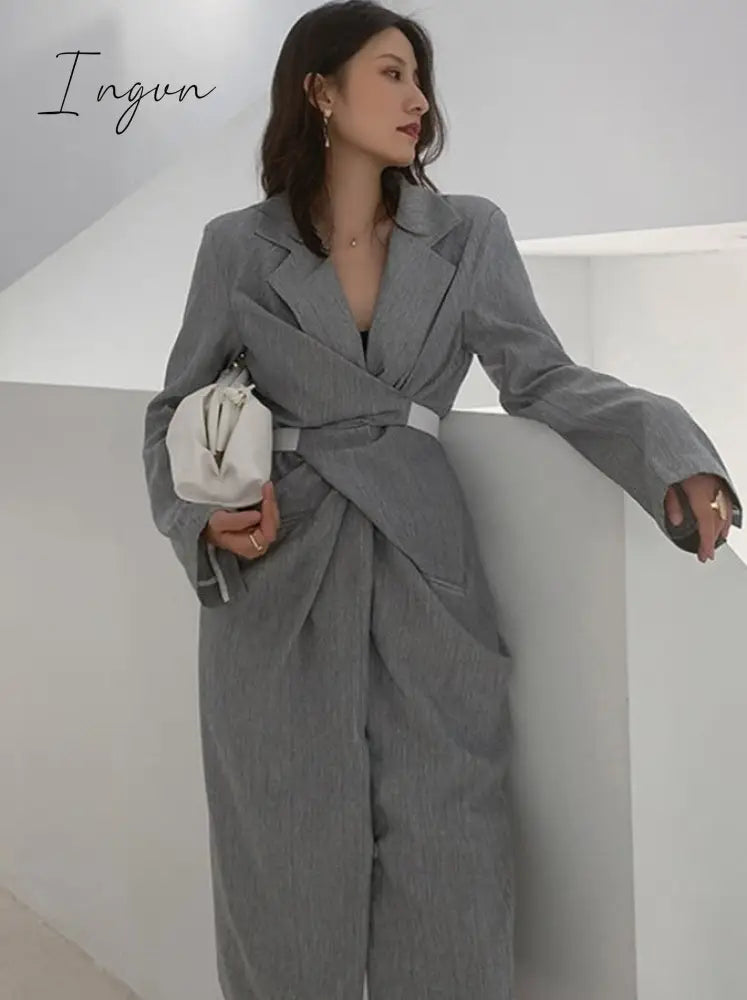 Ingvn - Women Gray Pleated Knot Long Elegant Dress New V-collar Long Sleeve Loose Fit Fashion Tide Spring Summer 2023