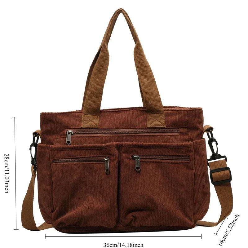 Ingvn  Casual Corduroy Messenger Bags Large Capacity Commuter Mummy Portable Shoulder Bag Multi Layers Camping Tote Bags