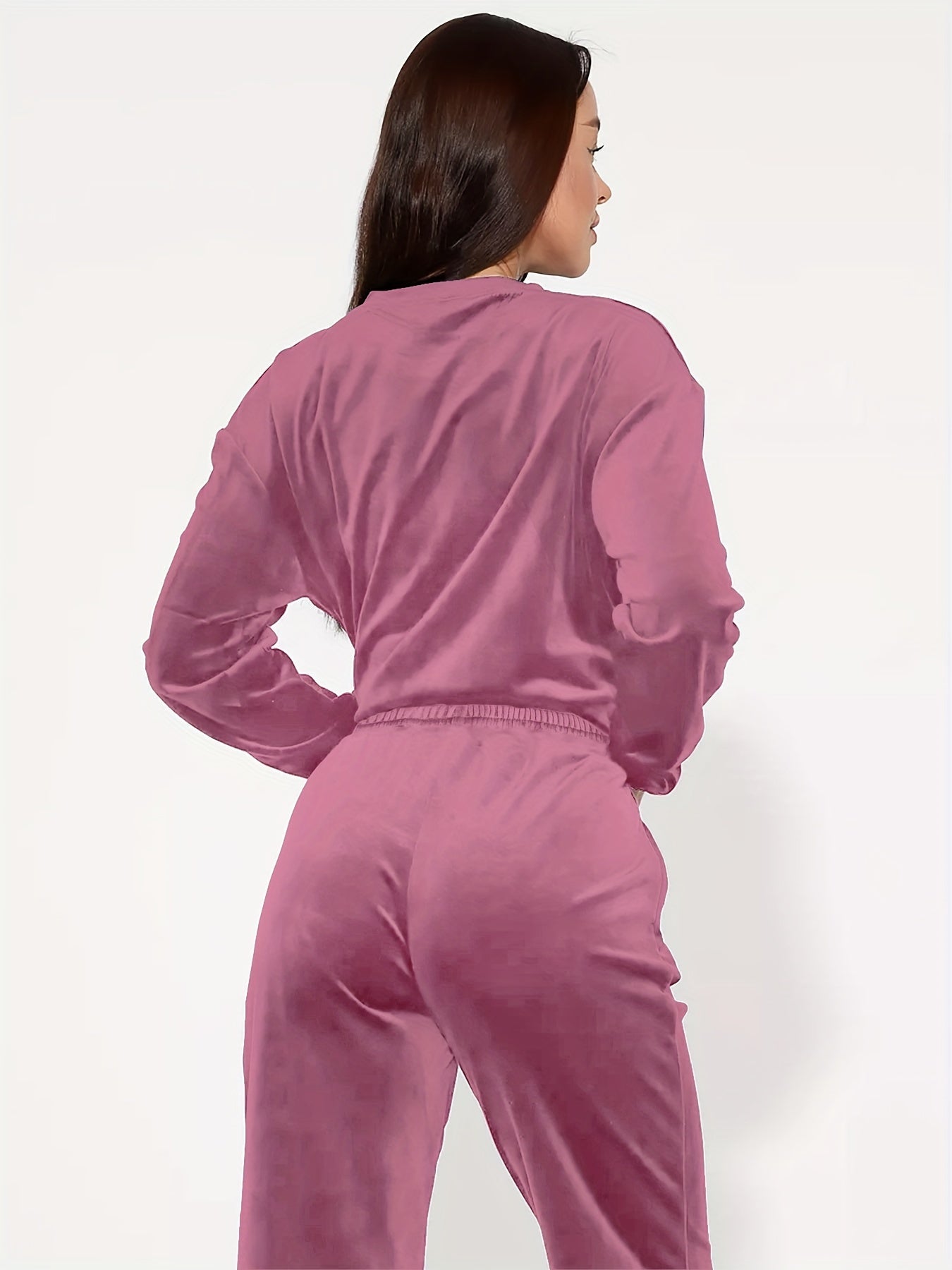 Plus Size 2 Piece Set Women's Elegant Lounge Set, Solid Warm Velvet Long Sleeve Top & Pants for Fall & Winter Home Wear