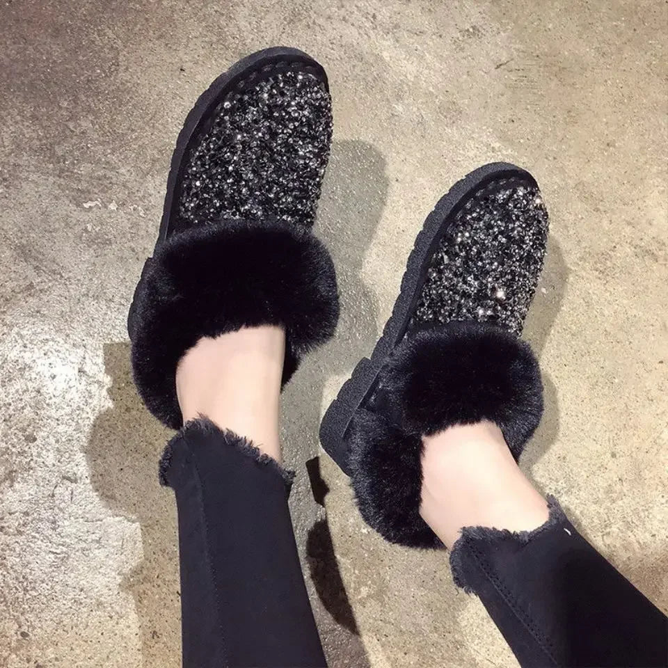 Ingvn  Womens Snow Boots Sexy Round Toe Shoes for Women Rhinestone Elegant with Low Heels Plus Warm Y2k Anti Skid on Promotion Gyaru Pu