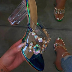 Ingvn - Rhinestone Chunky Heel Slip-On Flip Flop Pvc Slippers