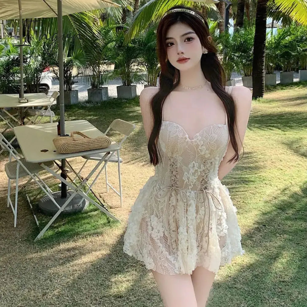 Ingvn - Backless Dress Women Lace Sexy Short Embroidery Mini Y2k Push Up Dress with Flowers Korean Dress Summer Gothic Party