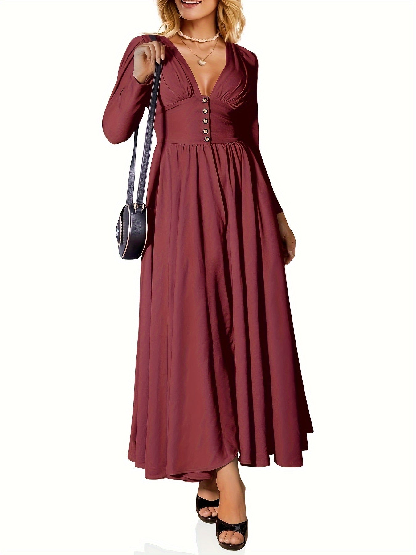 Deep V Neck Button Waist Dress, Elegant Long Sleeve Maxi Dress For Cocktail & Wedding Party, Women's Clothing