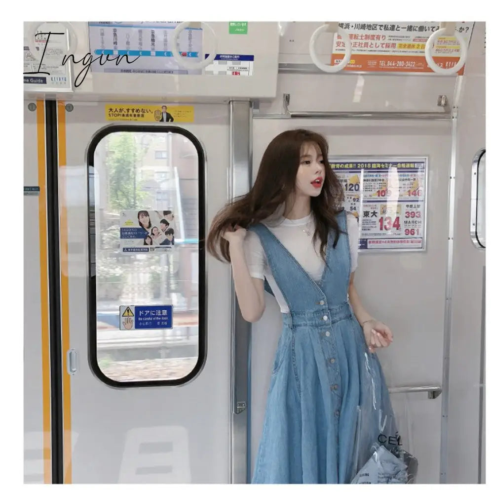 Ingvn - New Denim Dress Women Fashion Solid V Neck Sleeveless Backless With Button Pocket Mid Calf Cotton Strap Dress Office Lady