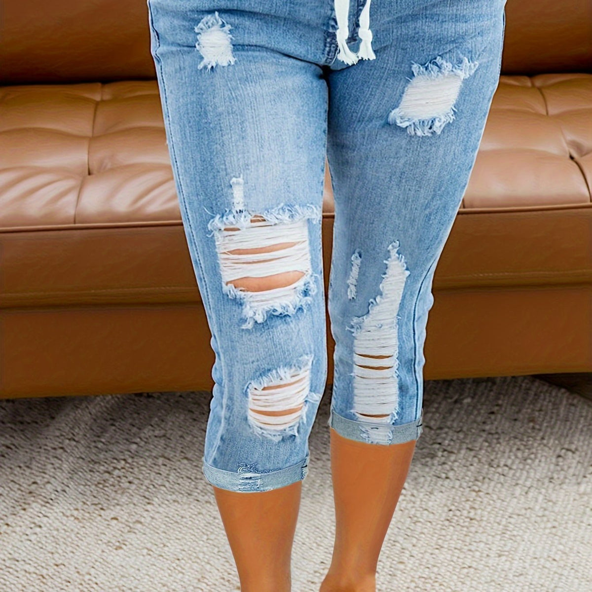 Mid-Calf Beach Distressed Denim Capri Pants - Elastic Waist with Drawstring, Casual Slim Fit, Street Style Fashion, Comfortable Soft Fabric, Easy to Move, Perfect for Summer, Outdoor Activities, and Daily Wear