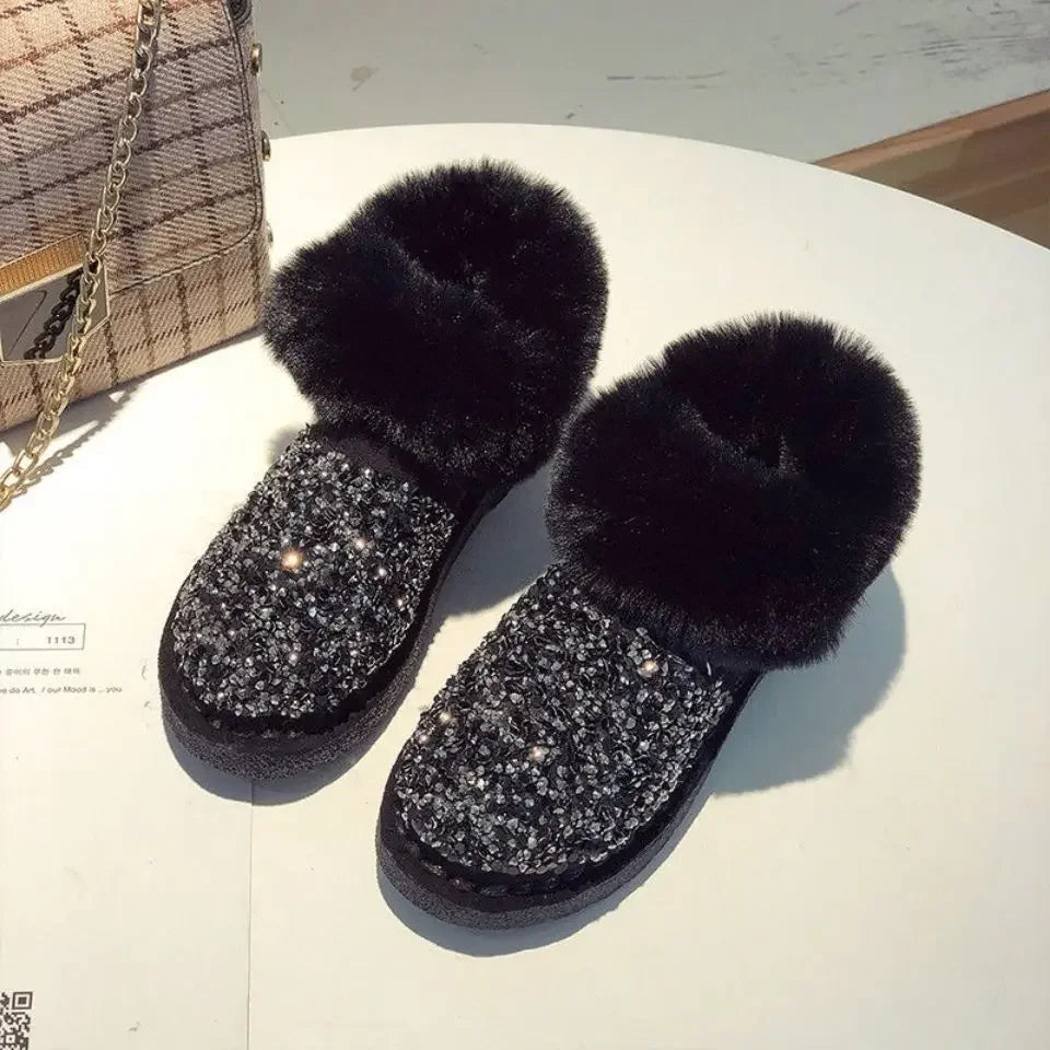 Ingvn  Womens Snow Boots Sexy Round Toe Shoes for Women Rhinestone Elegant with Low Heels Plus Warm Y2k Anti Skid on Promotion Gyaru Pu