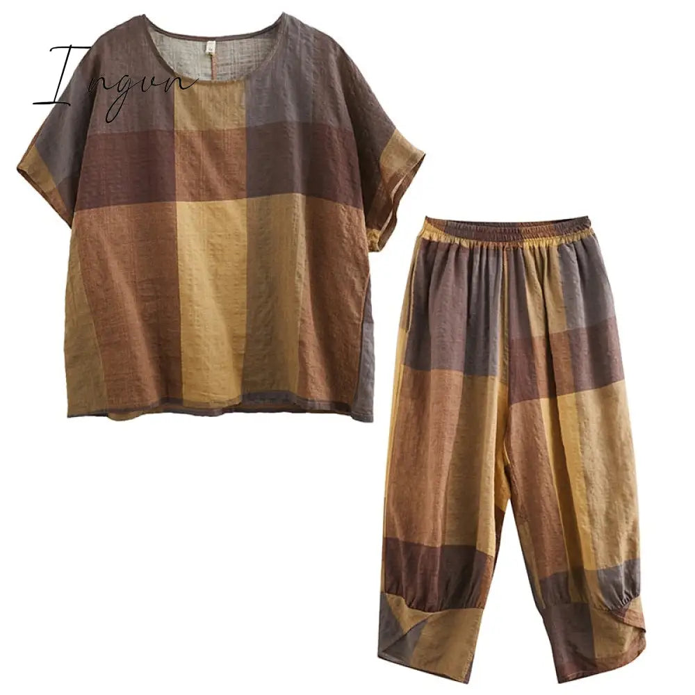 Ingvn - Thin Soft Cotton Linen Loose Women Clothes Set Tops Harem Pants Two Piece Casual Set Vintage Plaid Lady Summer Fashion Set Suits