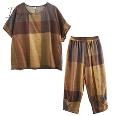 Ingvn - Thin Soft Cotton Linen Loose Women Clothes Set Tops Harem Pants Two Piece Casual Set Vintage Plaid Lady Summer Fashion Set Suits