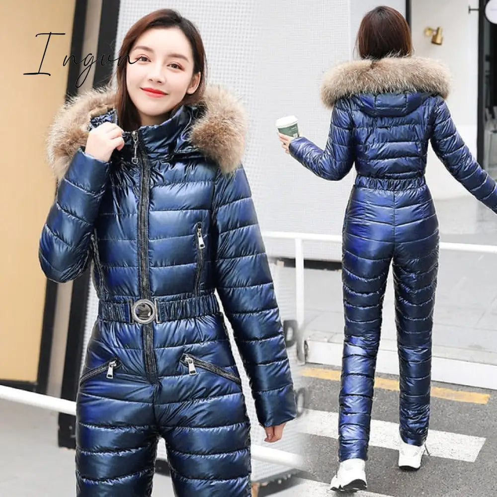 Ingvn - One Piece Ski Suit Women Jackets Winter Hooded Parka Jumpsuit Women Cotton bodysuit Sashes Jumpsuits Zipper Overalls Tracksuits