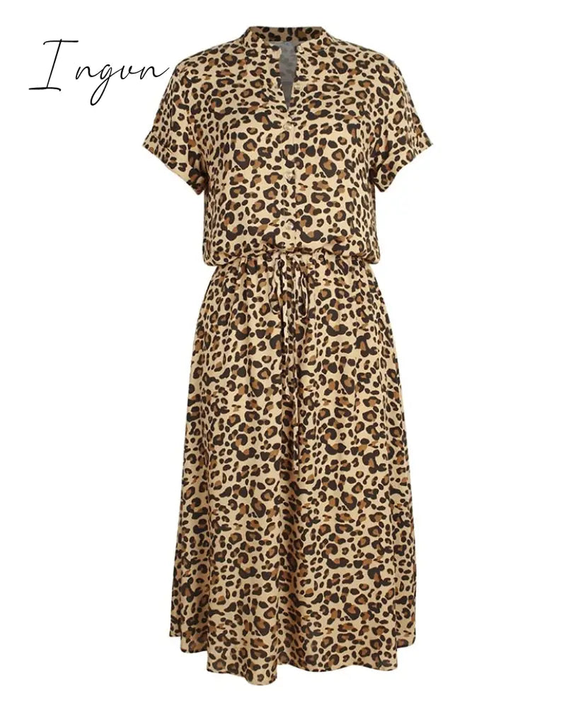Ingvn - Ladies Bohemian Leopard Print Shirt Dress Women Casual Midi Holiday Summer Dress Female A-line Loose Women Beach Dress Vestidos