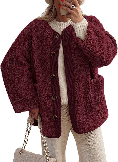 Women's Warm Winter Coat Collarless Casual Long Sleeve Button Plush Lambskin Jacket Coat