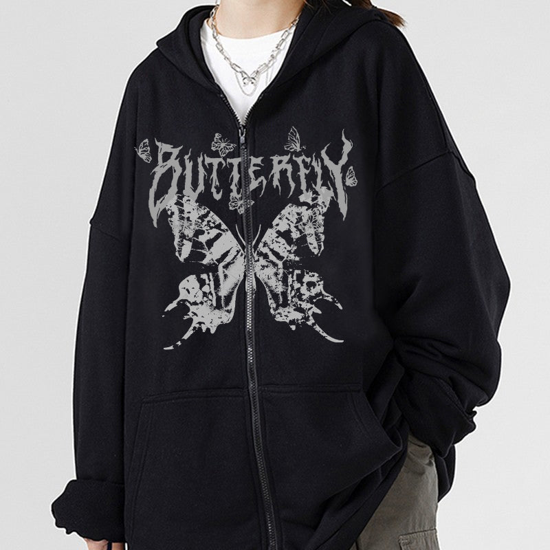 Y2K Retro Dark Gray Butterfly Zipper Hooded Sweatshirt 90s Harajuku Punk Gothic Zip Up Hoodie Long-sleeved Loose Jacket