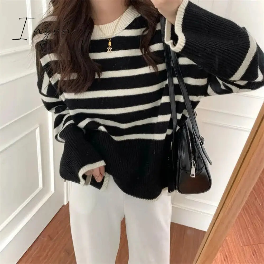 Ingvn - Vintage Striped Loose Turtleneck Knitted Sweater