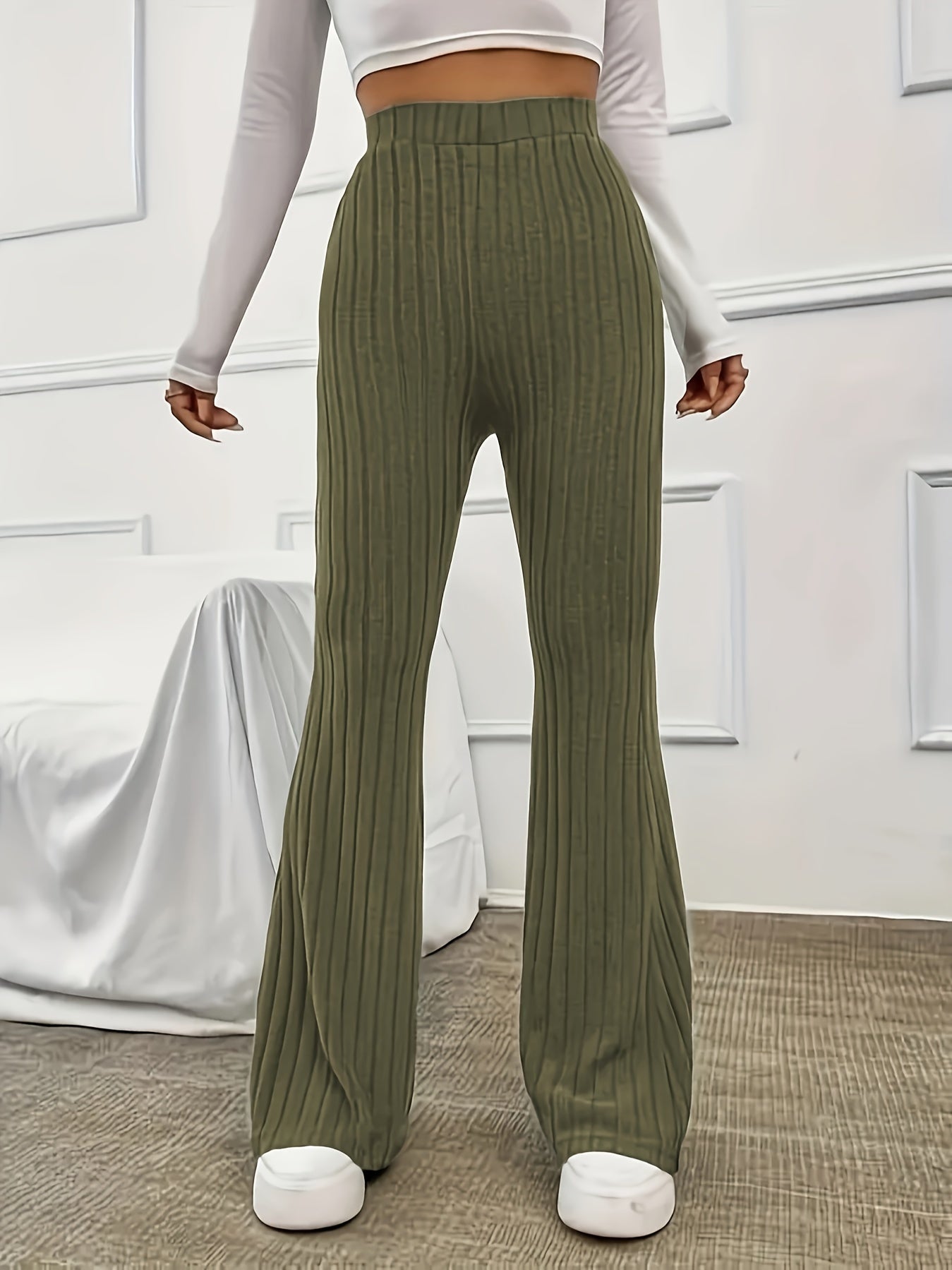 Elegant Ribbed Polyester Long Pants - High Elasticity, Solid Chic, Easy Care, Perfect for Spring & Fall